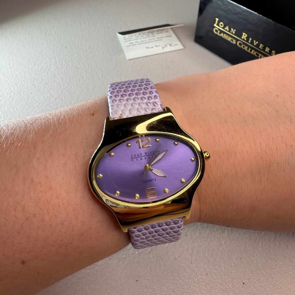 joan rivers classics purple leather cuff watch gold tone quartz box